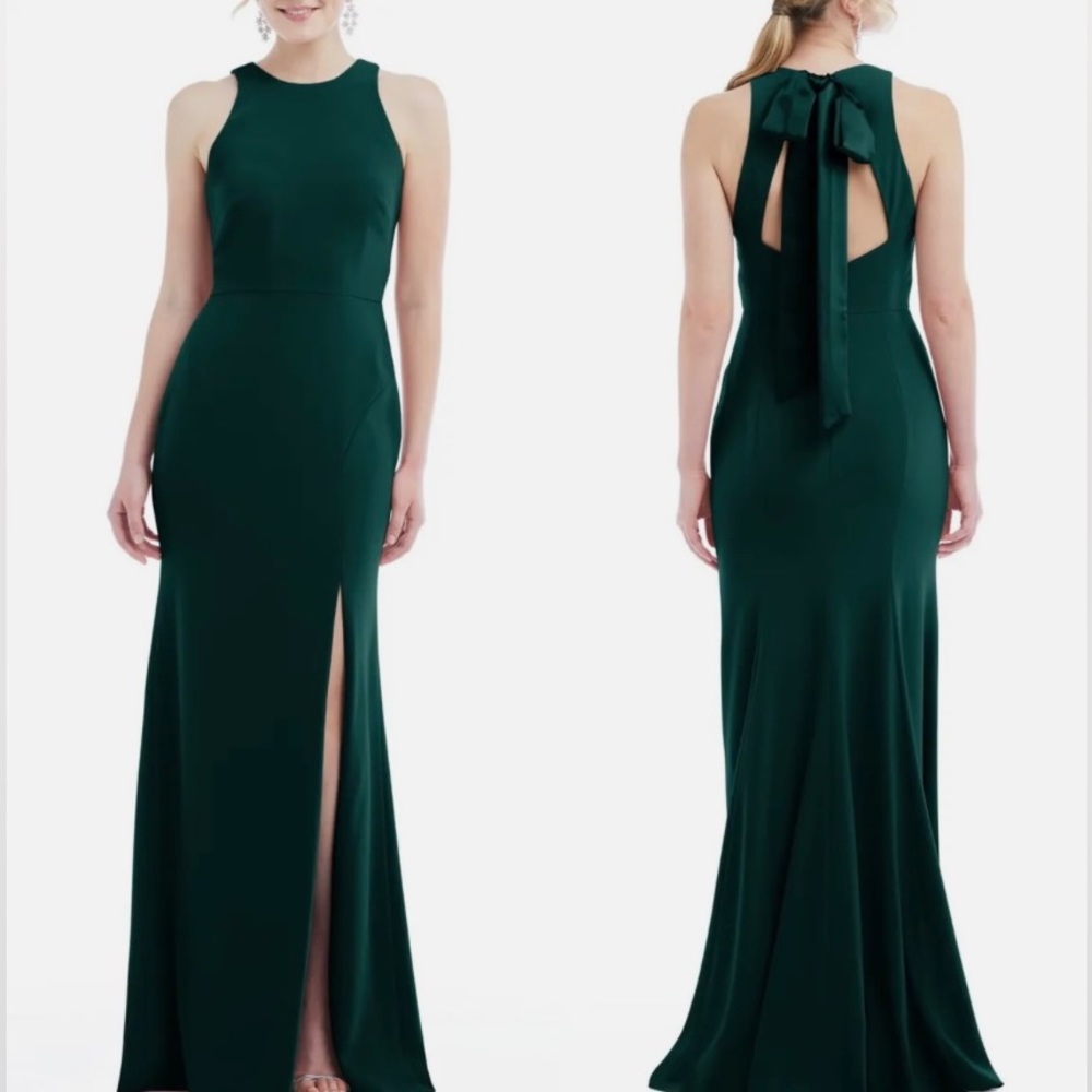 Dessy Collection Midnight Cutaway Shoulder High Slit Crepe Gown
